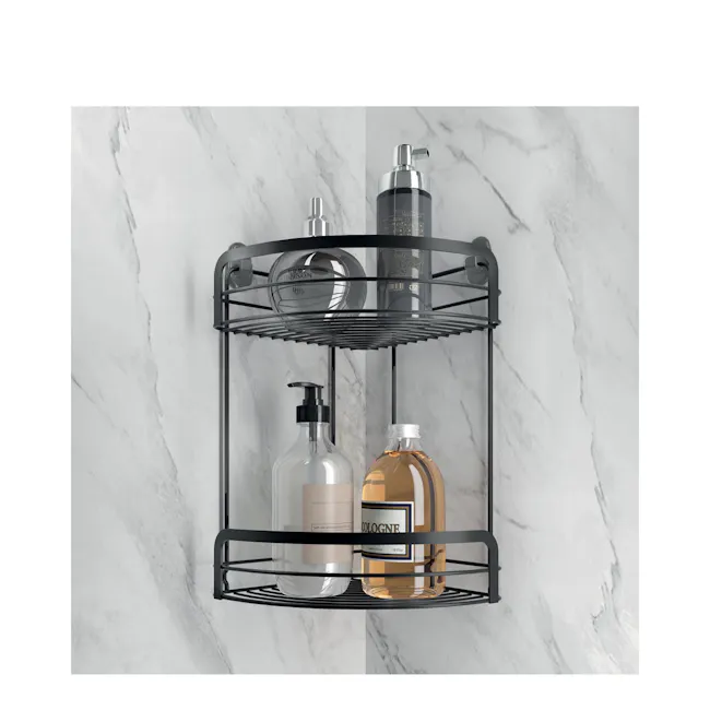 Metaltex Origin 2 Tier Corner Shelf - Black - 2 - Black metal wall-mounted shelf, marble wall background, elegant bathroom