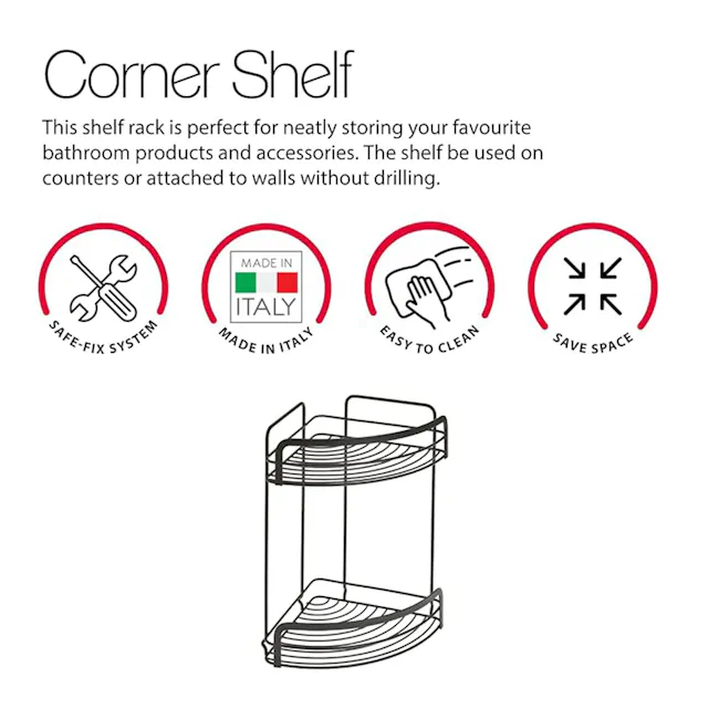 Metaltex Origin 2 Tier Corner Shelf - Black - 3 - Corner Shelf, Perfect for Storage, Bathroom Products, Accessories