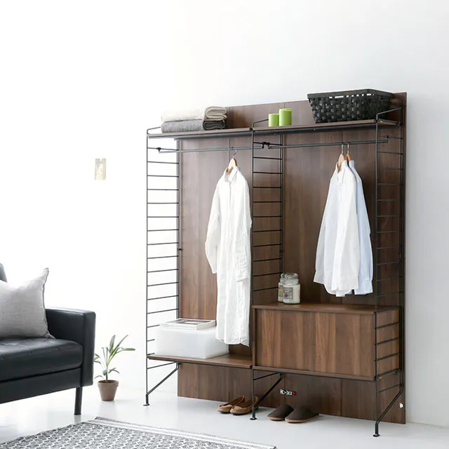 Ezbo Open Wardrobe with Shelves - 11 - modern wardrobe, minimalist decor, black leather sofa, white pillows, wooden shelf