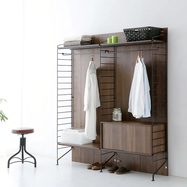 Ezbo Open Wardrobe with Shelves - 10 - modern wardrobe, minimalist shelving, wooden interior, black metal frame, hanging
