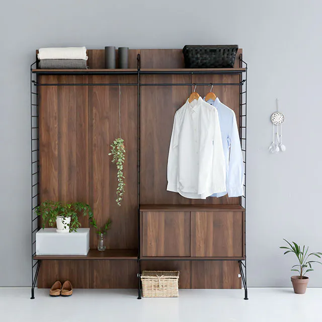 Ezbo Open Wardrobe with Shelves - 13 - Wooden shelving unit, black metal frame, minimalist design, wooden paneling, vertical