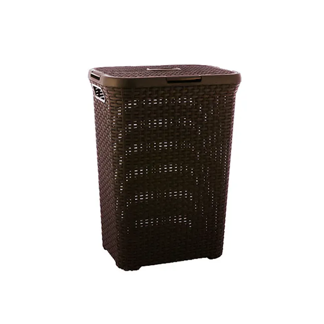 Rattan Style Rectangular Hamper with Lid - Dark Brown (2 Sizes) - 1 - Woven basket, brown, outdoor storage, plastic