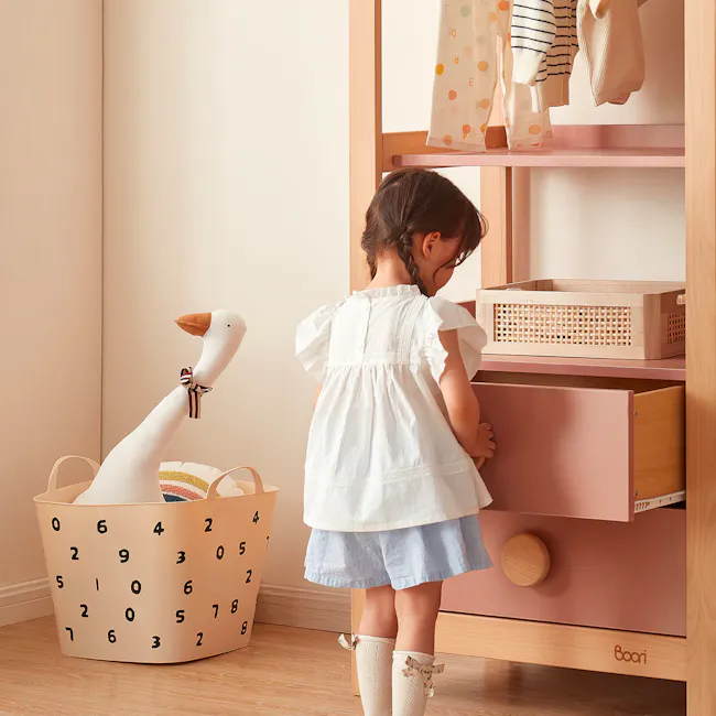 Tidy Storage Bookcase - Barley White & Almond - 5 - White dress, young girl, wooden shelf, baby clothes, polka dots, wooden