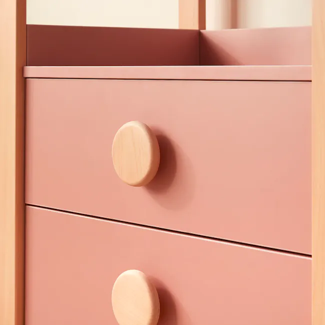 Tidy Storage Bookcase - Barley White & Almond - 6 - Wooden drawer handles, pink dresser, minimalist design, soft pastel