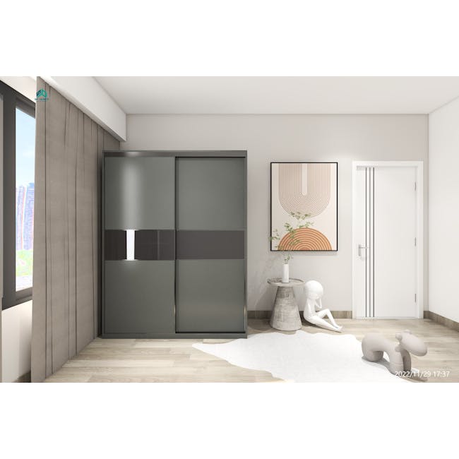 Lorren Sliding Door Wardrobe 1 with Glass Panel - Graphite Linen - 2