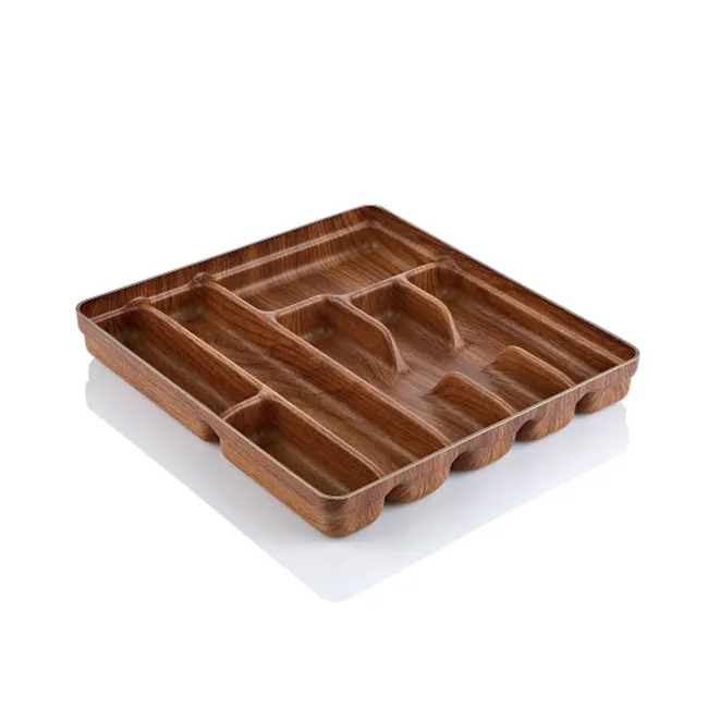 Evelin 7 Spice Cutlery Tray - 1 - Wooden rectangular tray, three compartments, ergonomic design, wooden texture, polished