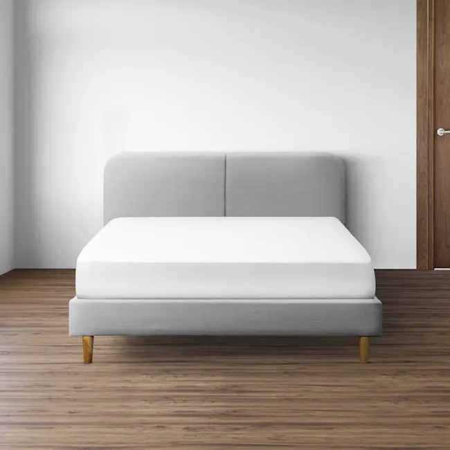 Nolan Queen Bed in Silver Fox with 2 Miah Bedside Table in White - 3 - Modern minimalist bedroom, white bed with wooden