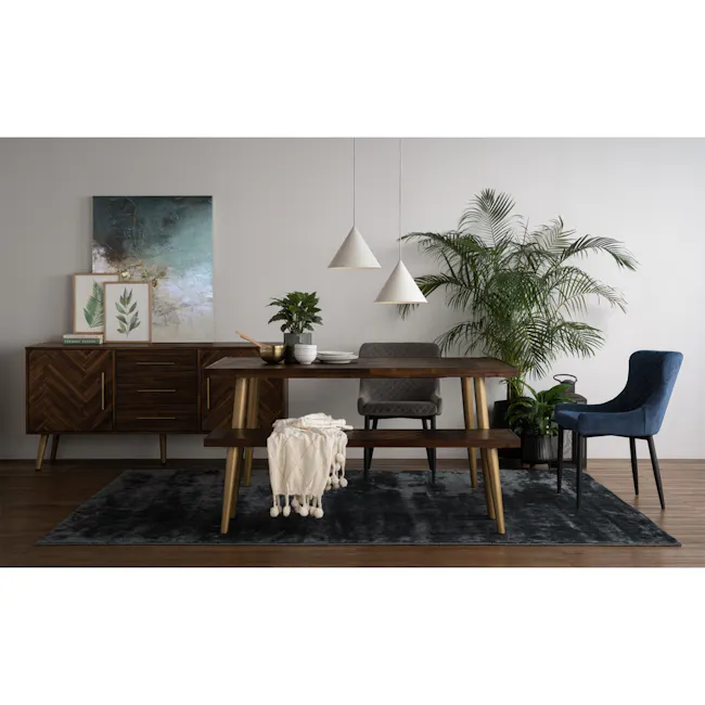 Cadencia Sideboard 1.65m - 3 - modern dining room, minimalist design, wooden dining table, dark gray rug, potted plant, blue