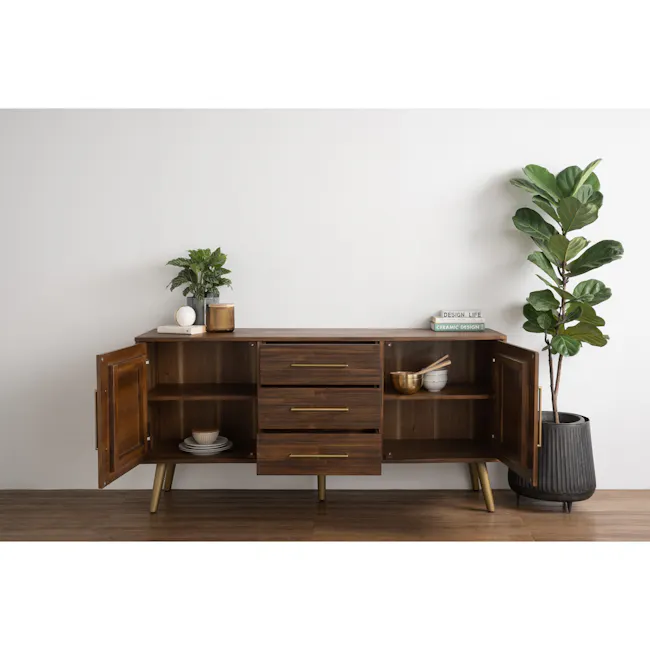 Cadencia Sideboard 1.65m - 2 - Wooden sideboard, minimalist design, dark wood finish, open drawers, gold handles, potted