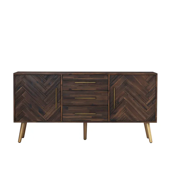 Cadencia Sideboard 1.65m - 1 - Herringbone pattern, dark wood finish, gold handles, minimalist design, side cabinets, open