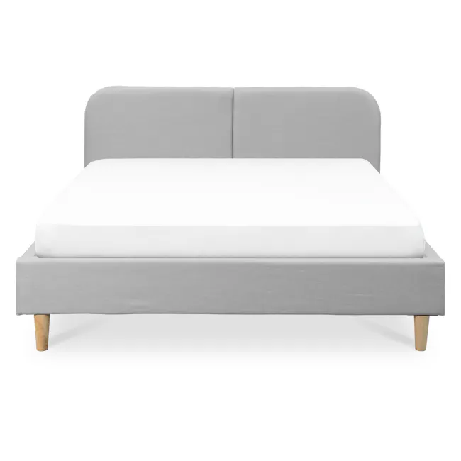 Nolan King Bed in Silver Fox with 2 Miah Bedside Table in White - 2 - Grey upholstered bed with wooden legs, minimalist