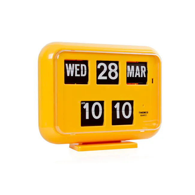 TWEMCO Big Calendar Flip Wall Clock - Yellow - 1 - Yellow digital clock, clear display, Wednesday, March 28, AM, 10:10