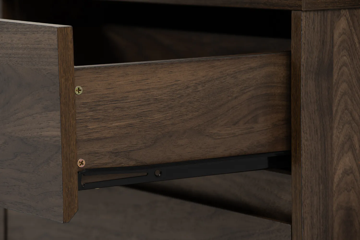 Herschel 6 Drawer Chest 1.2m - Walnut - 17 - Wooden drawer with metal hinge, dark wood texture, screws on drawer, black