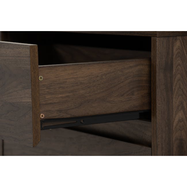 Herschel 6 Drawer Chest 1.2m - Walnut - 17 - Wooden drawer with metal hinge, dark wood texture, screws on drawer, black