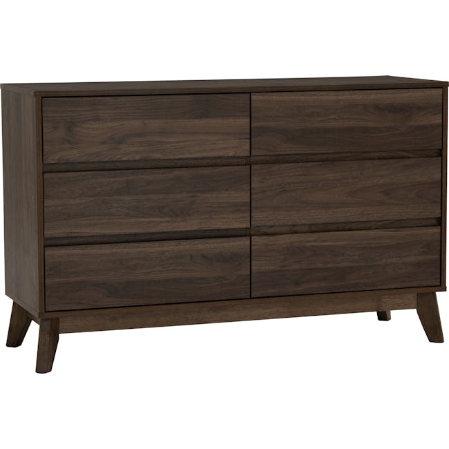 Herschel 6 Drawer Chest 1.2m - Walnut - 7 - Dark wood dresser with smooth finish, four drawers, three vertical handles