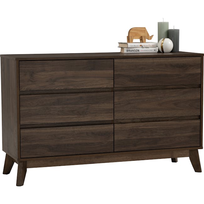Herschel 6 Drawer Chest 1.2m - Walnut - 6 - Dark wood dresser, minimalist design, wooden legs, three drawers, sideboard