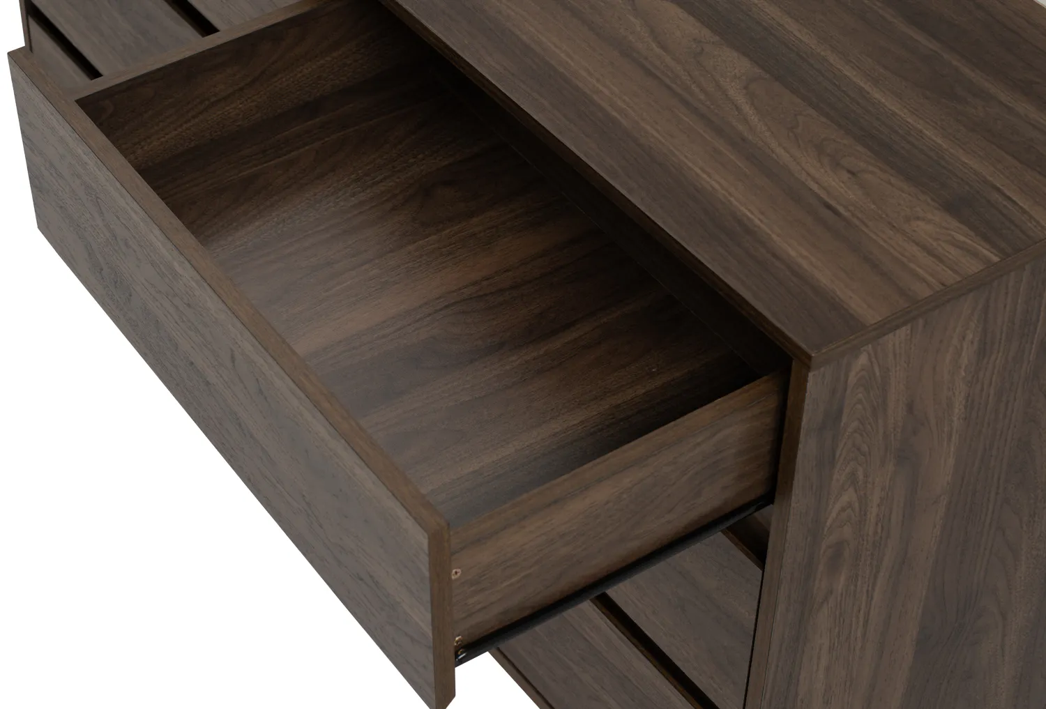 Herschel 6 Drawer Chest 1.2m - Walnut - 16 - Wooden desk drawer, dark wood finish, minimalist design, open drawer, side