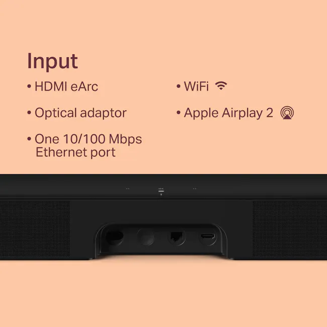 Sonos Beam Gen 2 - Black - 3 - HDMI eARC, Optical adapter, One 10/100 Mbps Ethernet port, WiFi, Apple Airplay 2, Ethernet