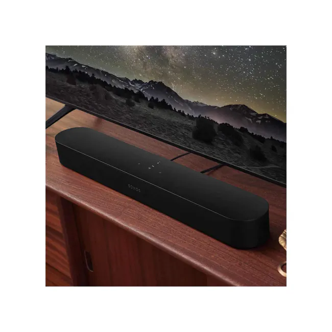 Sonos Beam Gen 2 - Black - 2 - Sonos speaker, black speaker, landscape TV screen, starry night sky, outdoor scenery