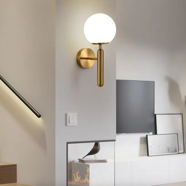 Rita Sphere Sconce - Brass - 3 - Modern minimalist decor, sleek wall-mounted lamp, gold finish, spherical light bulb