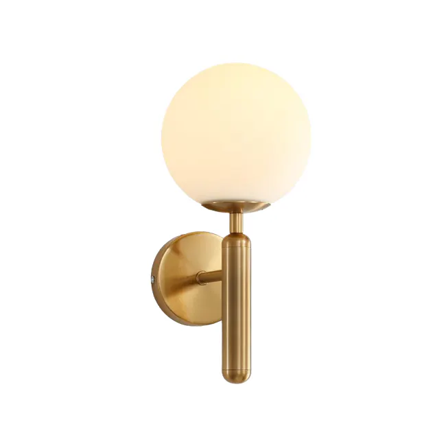 Rita Sphere Sconce - Brass - 1 - Golden spherical lamp with matte finish, brass-colored arm and base, elegant design, modern