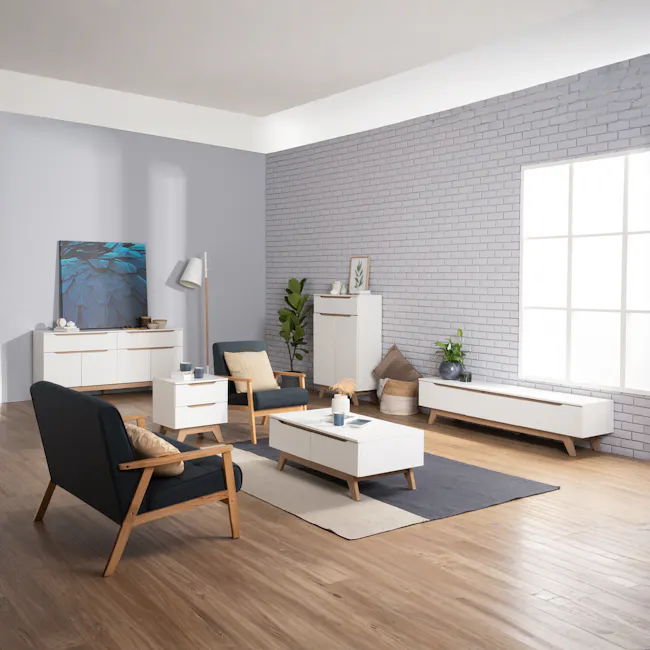 Nolan Queen Bed in Oatmeal with 2 Miah Bedside Table in White - 14 - Modern minimalist living room with gray brick wall