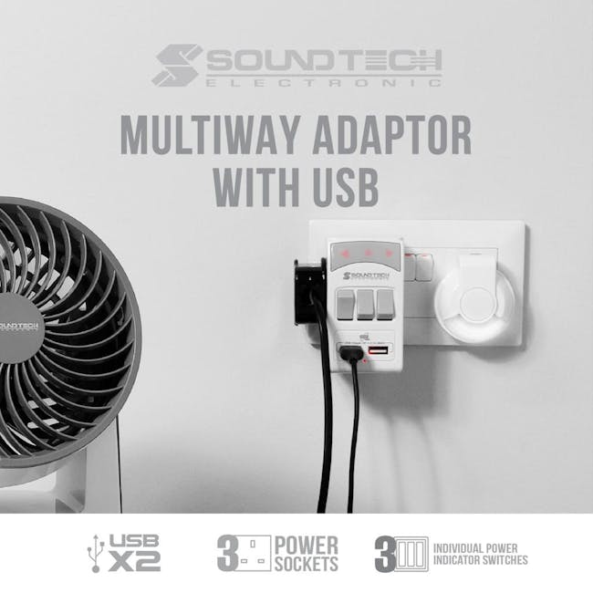 SOUNDTEOH 3 Outlets Adaptor with Smart 2.1A USB & Switch PP-28U - 1
