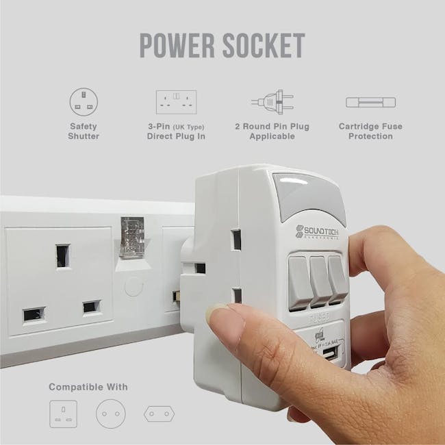 SOUNDTEOH 3 Outlets Adaptor with Smart 2.1A USB & Switch PP-28U - 2