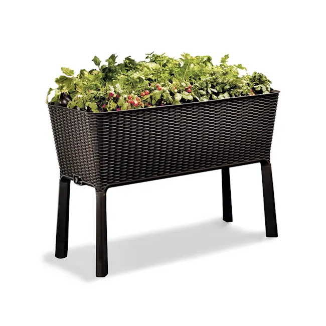 Easy Grow Planter - Wood Brown - 2 - Woven planter, black metal stand, lush green vegetables, fresh produce, indoor garden