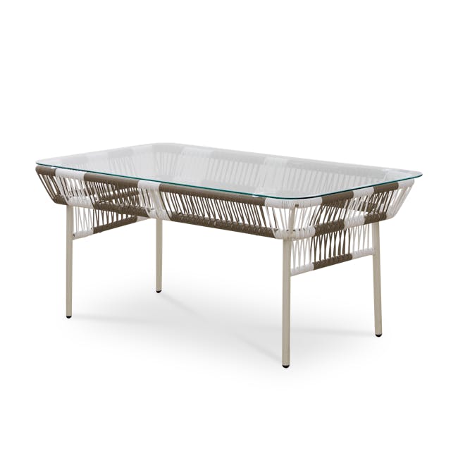 (As-is) Beckett Coffee Table - White, Taupe - 1 - Glass table with woven design, minimalist decor, modern furniture, stylish