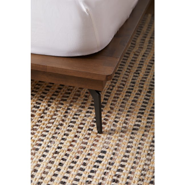 Addison Queen Platform Bed - Walnut, Beige - 13 - Wooden table, textured surface, dark legs, woven rug, beige and brown