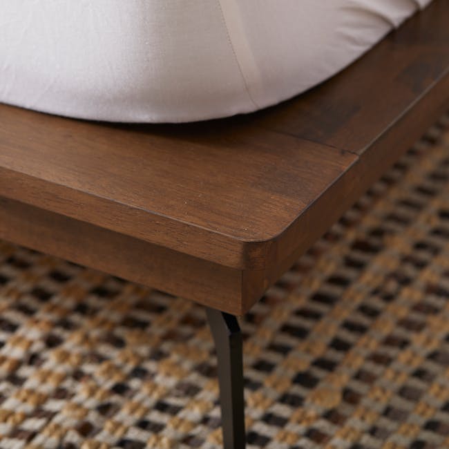 Addison Queen Platform Bed - Walnut, Beige - 15 - Wooden coffee table, dark wood finish, sleek design, metal legs, textured