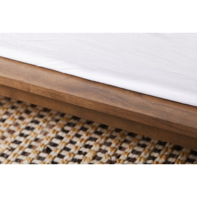 Addison Queen Platform Bed - Walnut, Beige - 12 - Wooden bed frame, white bedspread, wooden leg, woven rug, natural wood