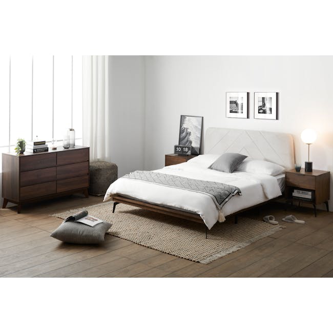 Addison Queen Platform Bed - Walnut, Beige - 2 - Modern bedroom with large window, wooden dresser, bedside tables, black and