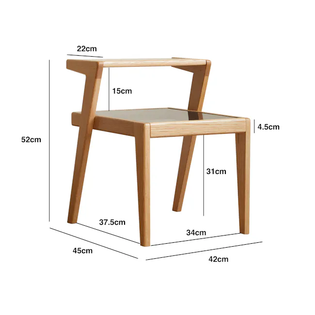 Lorren Two Tier Bedside Table - 12 - Wooden chair, 22 cm seat, 15 cm backrest, 5 cm leg height, 31 cm seat height, 34 cm leg