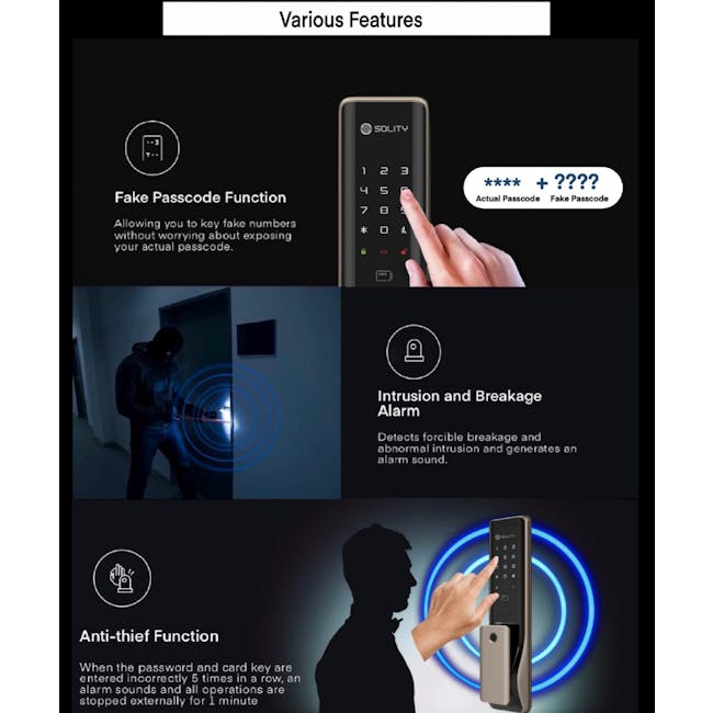 Solity Push Pull Door Lock GP-6000BKF - Champagne Gold - 9 - Fake Passcode Function, Intrusion and Breakage Alarm