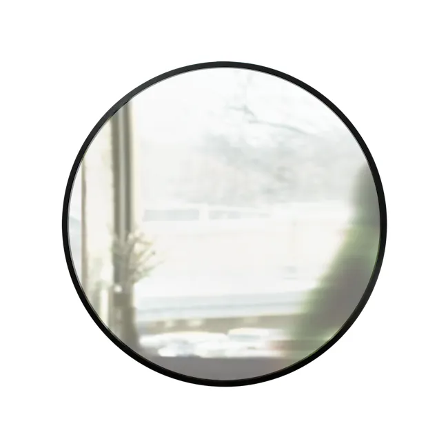 Hub Round Mirror 91 cm - Black - 1 - Round mirror, blurred view, indoor setting, natural light, window, outdoor scenery