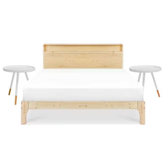 Aiko Queen Bed with Innis Side Table in White - 1 - Wooden bed frame, minimalist design, light wooden headboard, white