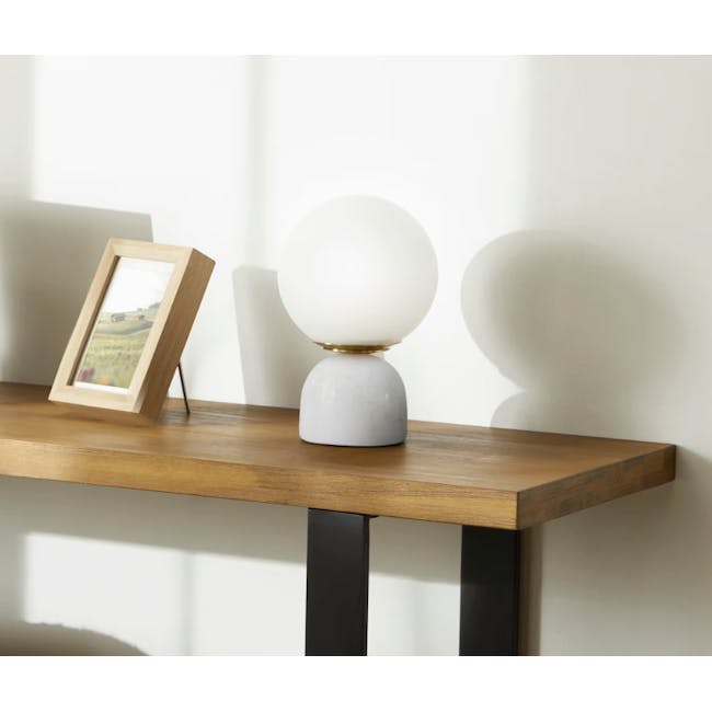 Ora Table Lamp - White Marble - 3 - Wooden side table, minimalist design, natural light, framed photo, white spherical lamp