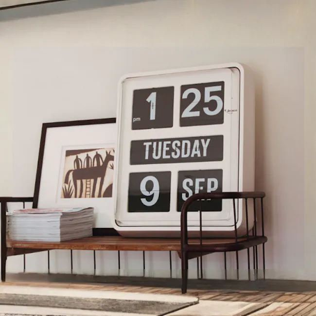 TWEMCO Big Calendar Flip Wall Clock - White Case Black Dial - 4 - White digital clock, 12-hour format, Tuesday, September 9