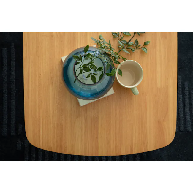 Hiace High Coffee Table - Oak - 4 - Blue vase with green plant, wooden table, indoor setting, natural light, indoor plants