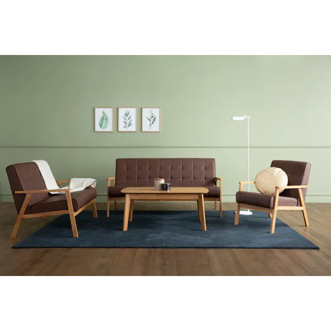Hiace High Coffee Table - Oak - 2 - Modern living room, minimalist design, brown leather chairs, wooden coffee table, green