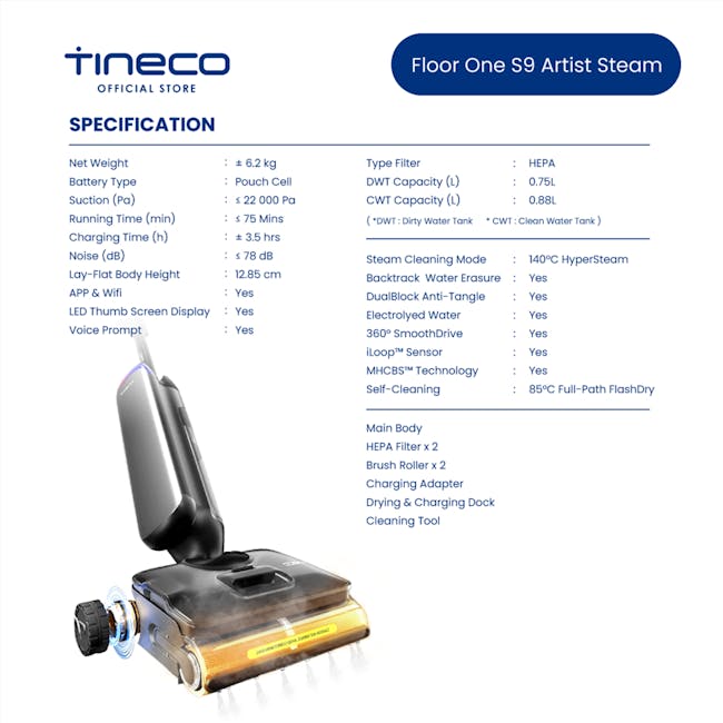 Tineco Floor One S9 Artist Steam Lay-flat Wet Dry Vacuum Cleaner *Free 4 x Cleaning Solution* - 10