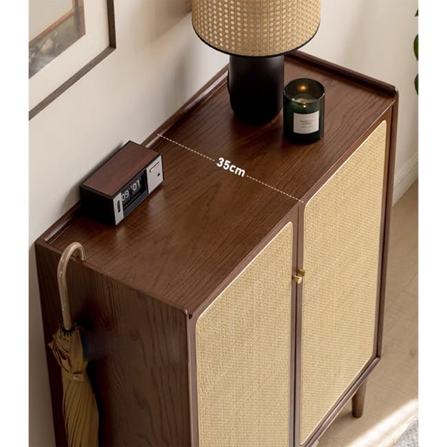 Taya Rattan Shoe Cabinet 0.8m - Walnut - 11 - Wooden side table, 35 cm height, digital clock, woven fabric accents, modern