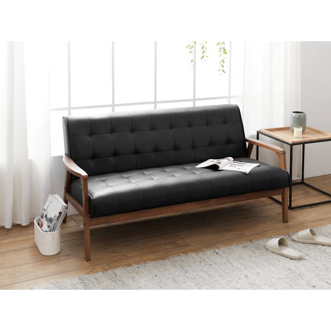 Tucson 3 Seater Sofa - Cocoa, Espresso (Faux Leather) - 2 - Black leather sofa, minimalist design, wooden frame, white