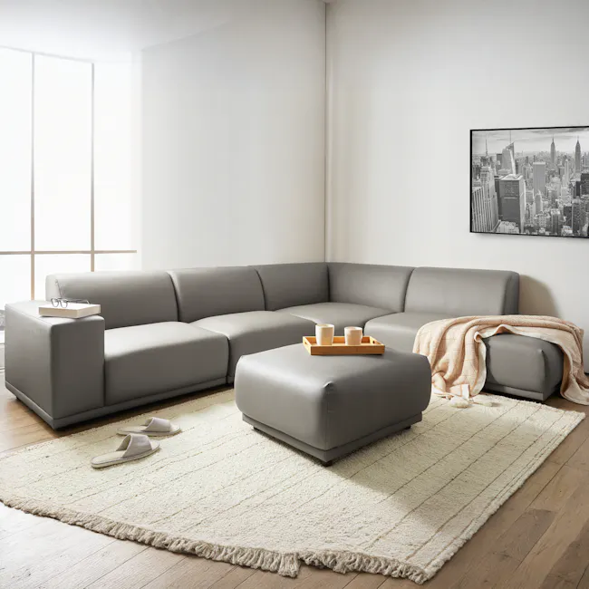 Milan Right Extended Unit - Smokey Grey (Faux Leather) - 2 - Modern living room, gray sectional sofa, minimalist decor, cozy