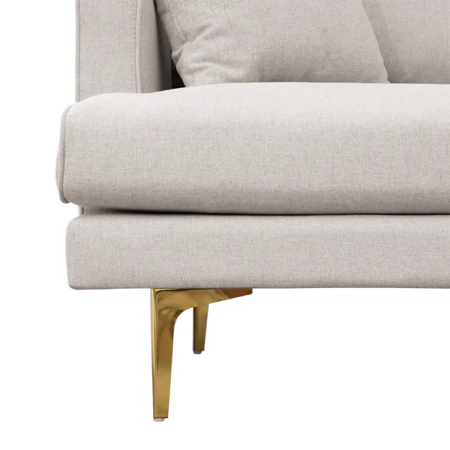 Declan L-Shaped Sofa - Oak, Ivory - 37 - Light gray upholstered chair, gold metallic legs, minimalist design, soft fabric