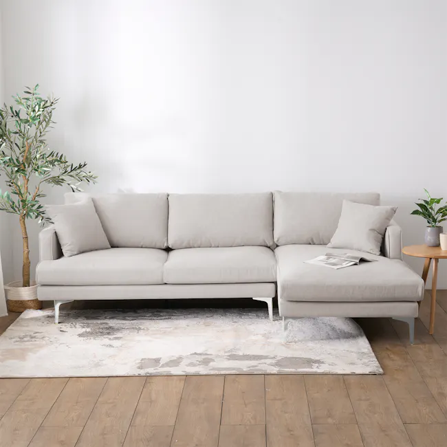 Declan L-Shaped Sofa - Oak, Ivory - 34 - Modern minimalist living room, light gray sectional sofa, natural wood coffee
