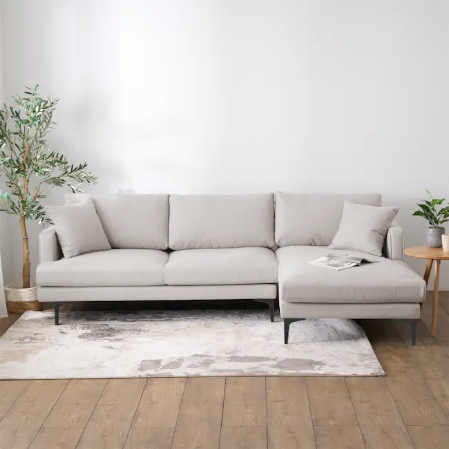 Declan L-Shaped Sofa - Oak, Ivory - 33 - Modern minimalist living room, light gray sectional sofa, natural wood coffee