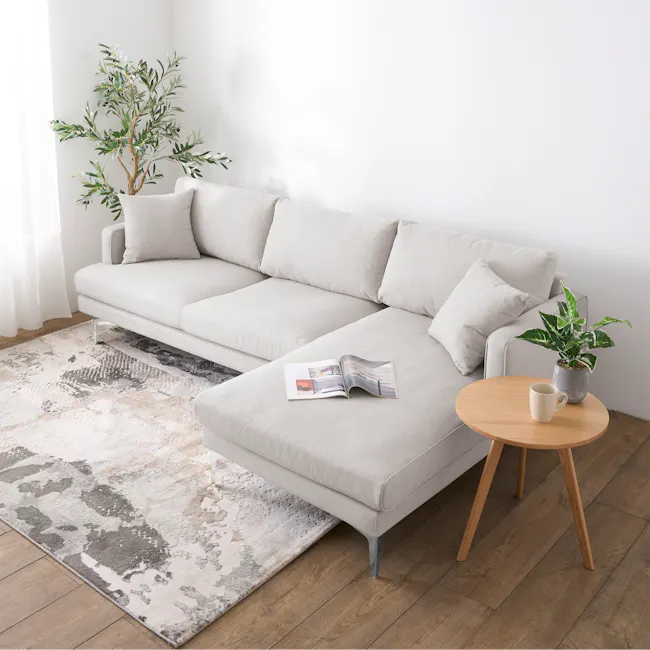 Declan L-Shaped Sofa - Oak, Ivory - 30 - Light gray sofa, minimalist decor, natural light, white walls, textured rug, modern